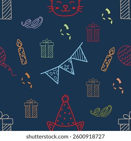 Abstract seamless line shapes in many colors, white background, birthday pattern, children's line drawings, cakes, balloons, hats, hearts, bright sweet tones, wrapping paper elements. Happy and fun