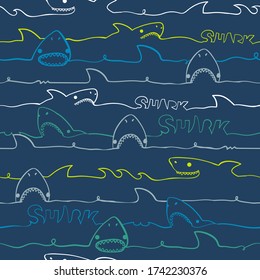 Abstract seamless line shark pattern. Predator cartoon character. Ocean repeat print for boy, sport textile, clothes, wrapping paper.