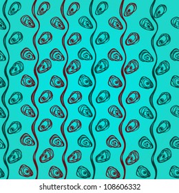 Abstract seamless linear pattern with weaving fantasy fairy colorful plants on turquoise background