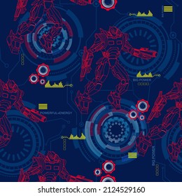 Abstract seamless linear robot pattern. Colorful technical robotic repeat print. Cartoon character robotically men on darl blue background, micro schemes. Powerful hero repeated ornament.
