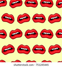 Abstract seamless lips pattern for girls or boys. Creative vector background with red lips, mouth. Funny wallpaper for textile and fabric. Fashion mouth pattern style. Colorful bright picture