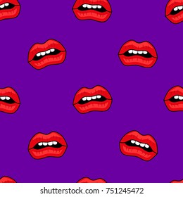 Abstract seamless lips pattern for girls or boys. Creative vector background with red lips, mouth. Funny wallpaper for textile and fabric. Fashion mouth pattern style. Colorful bright picture