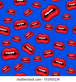 Abstract seamless lips pattern for girls or boys. Creative vector background with red lips, mouth. Funny wallpaper for textile and fabric. Fashion mouth pattern style. Colorful bright picture