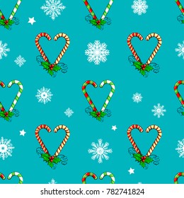 Abstract seamless lollipop pattern with leaves and berries, white snowflakes. Cute holidays elements wrapping paper. romantic motives. colorful celebrate New Year repeated pattern. 