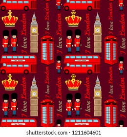 Abstract seamless london pattern for girls or boys. Creative vector background with soldier, tower, england. Funny pattern for textile and fabric. Fashion england style. Colorful bright picture