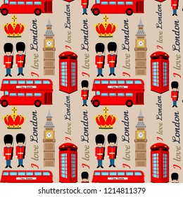 Abstract seamless london pattern for girls or boys. Creative vector background with soldier, tower, england. Funny pattern for textile and fabric. Fashion england style. Colorful bright picture