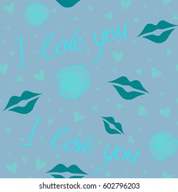 Abstract seamless love pattern in blue colors. Valentines day backdrop. Tender vector seamless pattern with hearts, rose flower and love text.