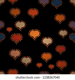Abstract seamless love pattern. Girlish repeated backdrop with hearts, drawing in sketch style on orange, beige and black colors. Romantic wallpaper for girls, wrapping paper. Vector. Valentines day.