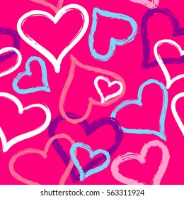 Abstract seamless love pattern for girls, fashion textile, clothes, baby. Valentines day. Funny colorful hearts repeated backdrop. Cute girlish romantic wallpaper design