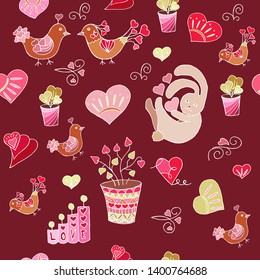 Abstract seamless love pattern with hand drown elements. Girlish repeated backdrop with hearts, lettering, sylized plants, curls. Valentines day wrapping paper, textile, clothes.