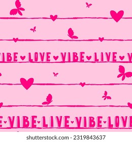 Abstract seamless love pattern with hearts. Endless lines print. Cover lines pink ornament with butterflies. Valentine's day wrapping paper. Repeat print for girl textile, fashion clothes. Lettering