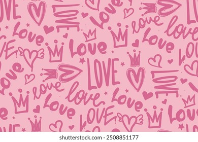 Abstract seamless love pattern with hearts, crown, text Love. Typography ornament Valentine's day. Romantic print.