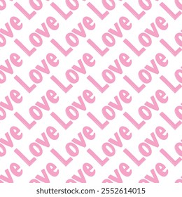 Abstraktes nahtloses Liebesmuster mit Herzen, Krone, Text Liebe. Typografie Ornament Valentinstag. Romantischer Aufdruck.