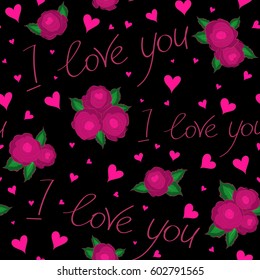 Abstract seamless love pattern in magenta and pink colors on a black. Valentines day backdrop. Tender vector seamless pattern with hearts, flower and love text.