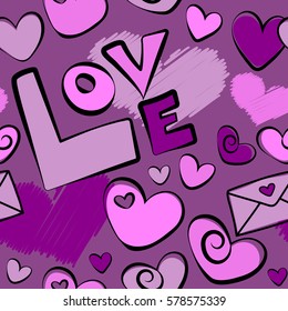 Abstract seamless love pattern on a purple background. Valentines day backdrop. Tender vector seamless pattern with hearts and love text.