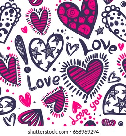 Abstract seamless love pattern. Valentines day wrapping paper. Girlish repeated backdrop with hearts, stars drawing in sketch style. Romantic wallpaper for girls, textile, clothes, wrapping paper
