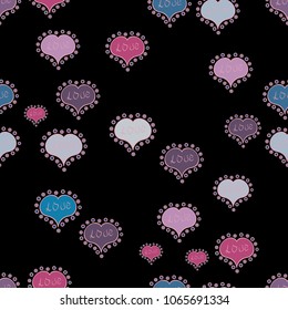 Abstract seamless love pattern. Vector. Romantic wallpaper for girls. Girlish repeated backdrop with hearts, drawing in sketch style on black, pink and blue colors. Valentines day wrapping paper.