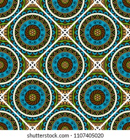 Abstract seamless mandala background. Texture in green and blue colors. Oriental pattern for design, fashion print, scrapbooking
