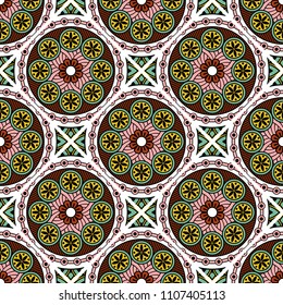 Abstract seamless mandala background. Texture in green, yellow and rose colors. Oriental pattern for design, fashion print, scrapbooking