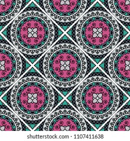 Abstract seamless mandala background. Texture in green and pink colors. Oriental pattern for design, fashion print, scrapbooking