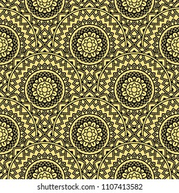Abstract seamless mandala background. Texture in yellow and black colors. Oriental pattern for design, fashion print, scrapbooking