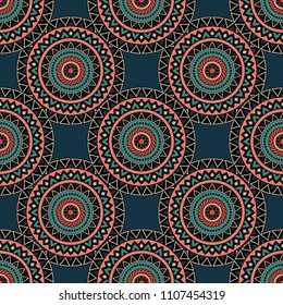 Abstract seamless mandala background. Texture in blue and red colors. Oriental pattern for design, fashion print, scrapbooking