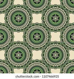 Abstract seamless mandala background. Texture in green and white colors. Oriental pattern for design, fashion print, scrapbooking