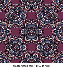 Abstract seamless mandala background. Texture in violet and black colors. Oriental pattern for design, fashion print, scrapbooking