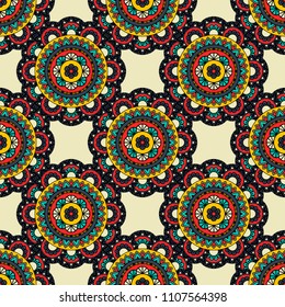 Abstract seamless mandala background. Texture in blue and beige colors. Oriental pattern for design, fashion print, scrapbooking