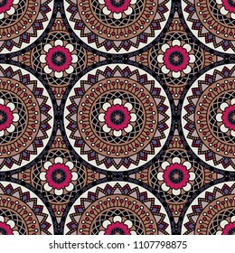 Abstract seamless mandala background. Texture in red and violet colors. Oriental pattern for design, fashion print, scrapbooking