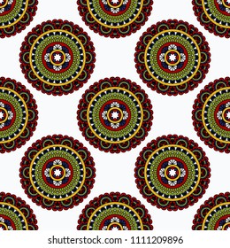 Abstract seamless mandala background. Texture in green, brown and white colors. Oriental pattern for design, fashion print, scrapbooking