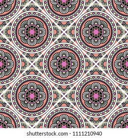 Abstract seamless mandala background. Texture in pink and white colors. Oriental pattern for design, fashion print, scrapbooking