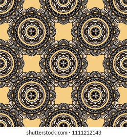 Abstract seamless mandala background. Texture in gray and yellow colors. Oriental pattern for design, fashion print, scrapbooking