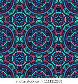 Abstract seamless mandala background. Texture in blue and violet colors. Oriental pattern for design, fashion print, scrapbooking