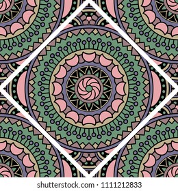 Abstract seamless mandala background. Texture in green and rose colors. Oriental pattern for design, fashion print, scrapbooking