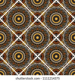 Abstract seamless mandala background. Texture in brown and yellow colors. Oriental pattern for design, fashion print, scrapbooking