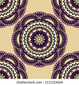 Abstract seamless mandala background. Texture in beige and lilac colors. Oriental pattern for design, fashion print, scrapbooking