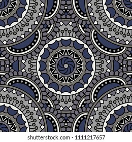 Abstract seamless mandala background. Texture in gray and blue colors. Oriental pattern for design, fashion print, scrapbooking