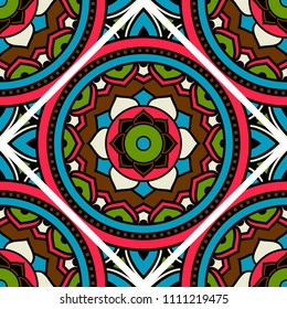 Abstract seamless mandala background. Texture in green, blue and rose colors. Oriental pattern for design, fashion print, scrapbooking