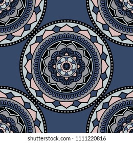 Abstract seamless mandala background. Texture in blue and rose colors. Oriental pattern for design, fashion print, scrapbooking