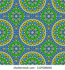Abstract seamless mandala background. Texture in green and blue colors. Oriental pattern for design, fashion print, scrapbooking