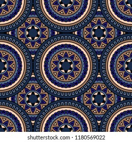 Abstract seamless mandala background. Texture in blue and beige colors. Oriental pattern for design, fashion print, scrapbooking