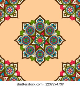 Abstract seamless mandala background. Texture in green and red colors. Oriental pattern for design, fashion print, scrapbooking