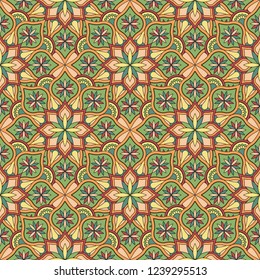 Abstract seamless mandala background. Texture in green and yellow colors. Oriental pattern for design, fashion print, scrapbooking