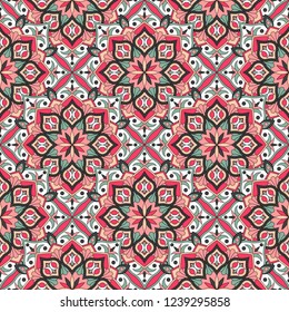 Abstract seamless mandala background. Texture in green and white colors. Oriental pattern for design, fashion print, scrapbooking