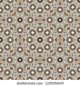 Abstract seamless mandala background. Texture in blue and beige colors. Oriental pattern for design, fashion print, scrapbooking
