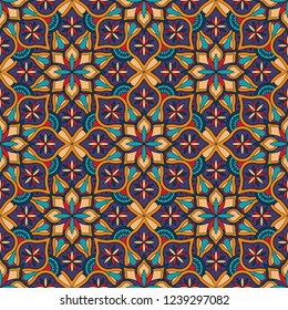 Abstract seamless mandala background. Texture in violet and yellow colors. Oriental pattern for design, fashion print, scrapbooking