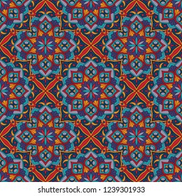 Abstract seamless mandala background. Texture in blue and red colors. Oriental pattern for design, fashion print, scrapbooking