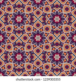 Abstract seamless mandala background. Texture in violet and orange colors. Oriental pattern for design, fashion print, scrapbooking