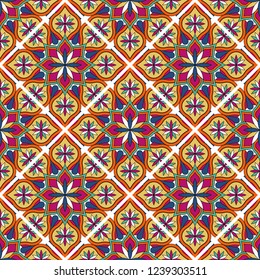 Abstract seamless mandala background. Texture in violet and yellow colors. Oriental pattern for design, fashion print, scrapbooking